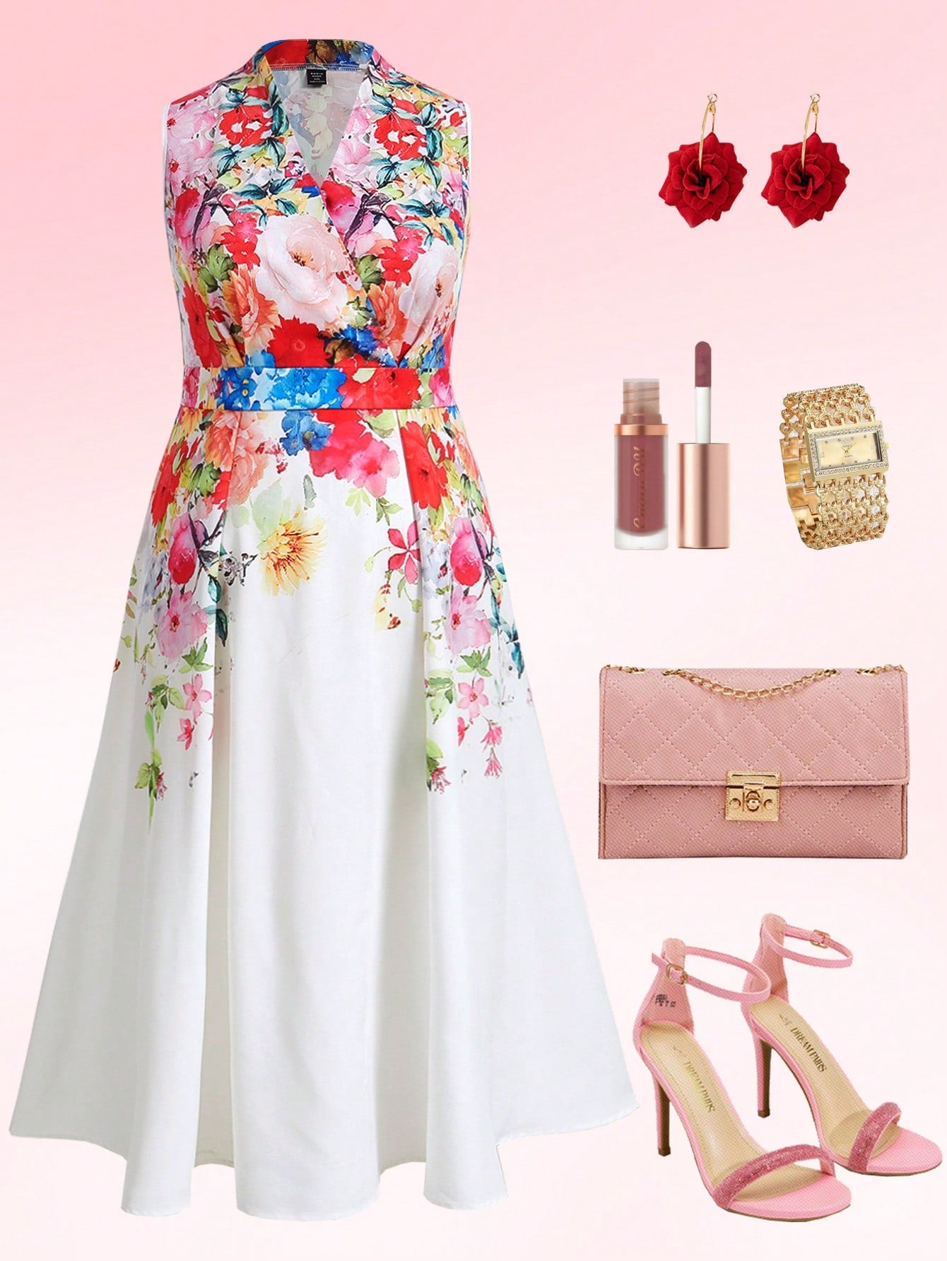 #0863 Elegant Women Floral Print Round Neck Sleeveless Dress