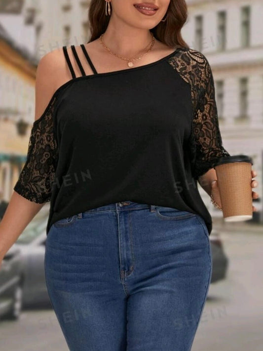 Contrast Lace Asymmetrical Neck Tee