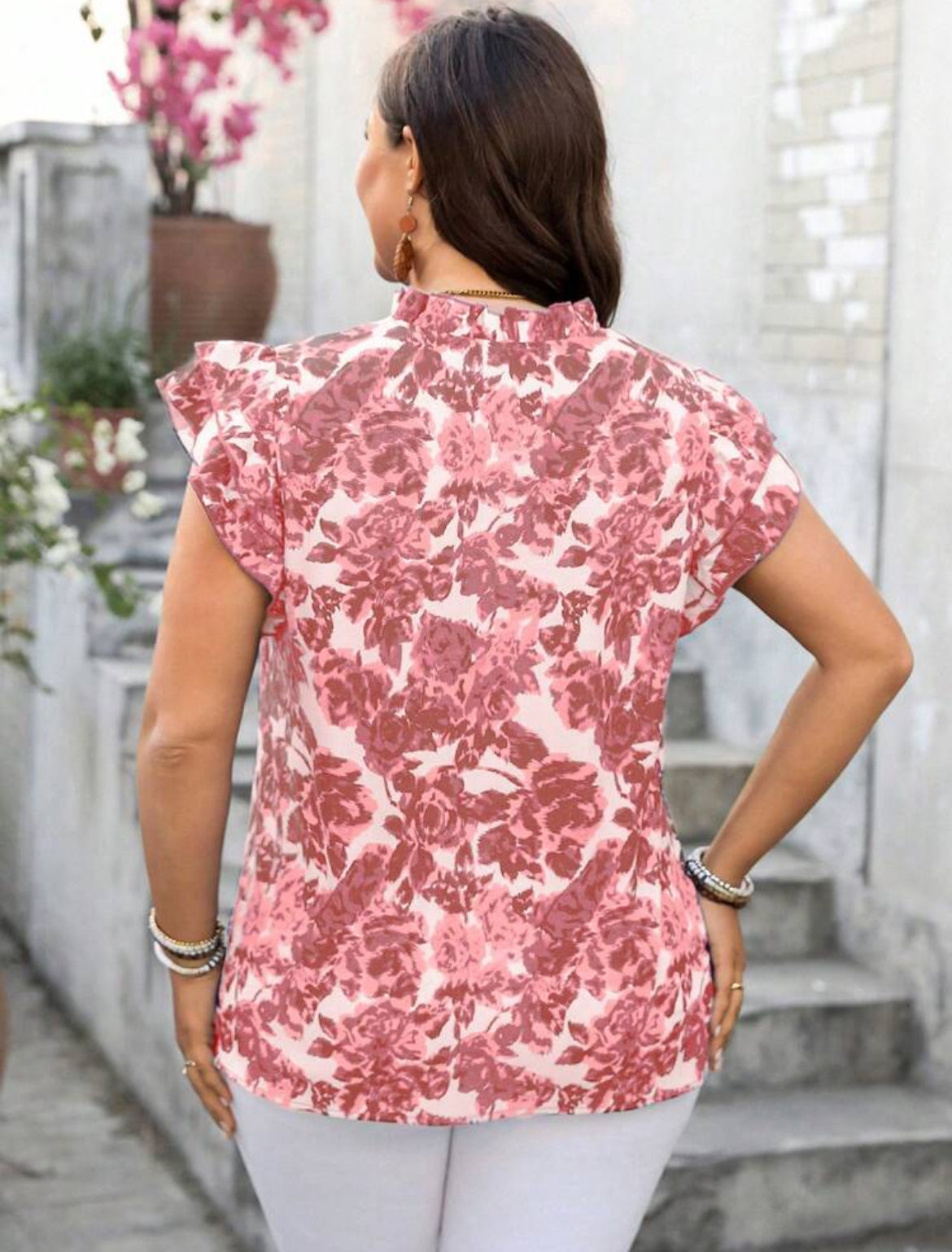 #1272 Floral Print Ruffle Sleeve Shirt