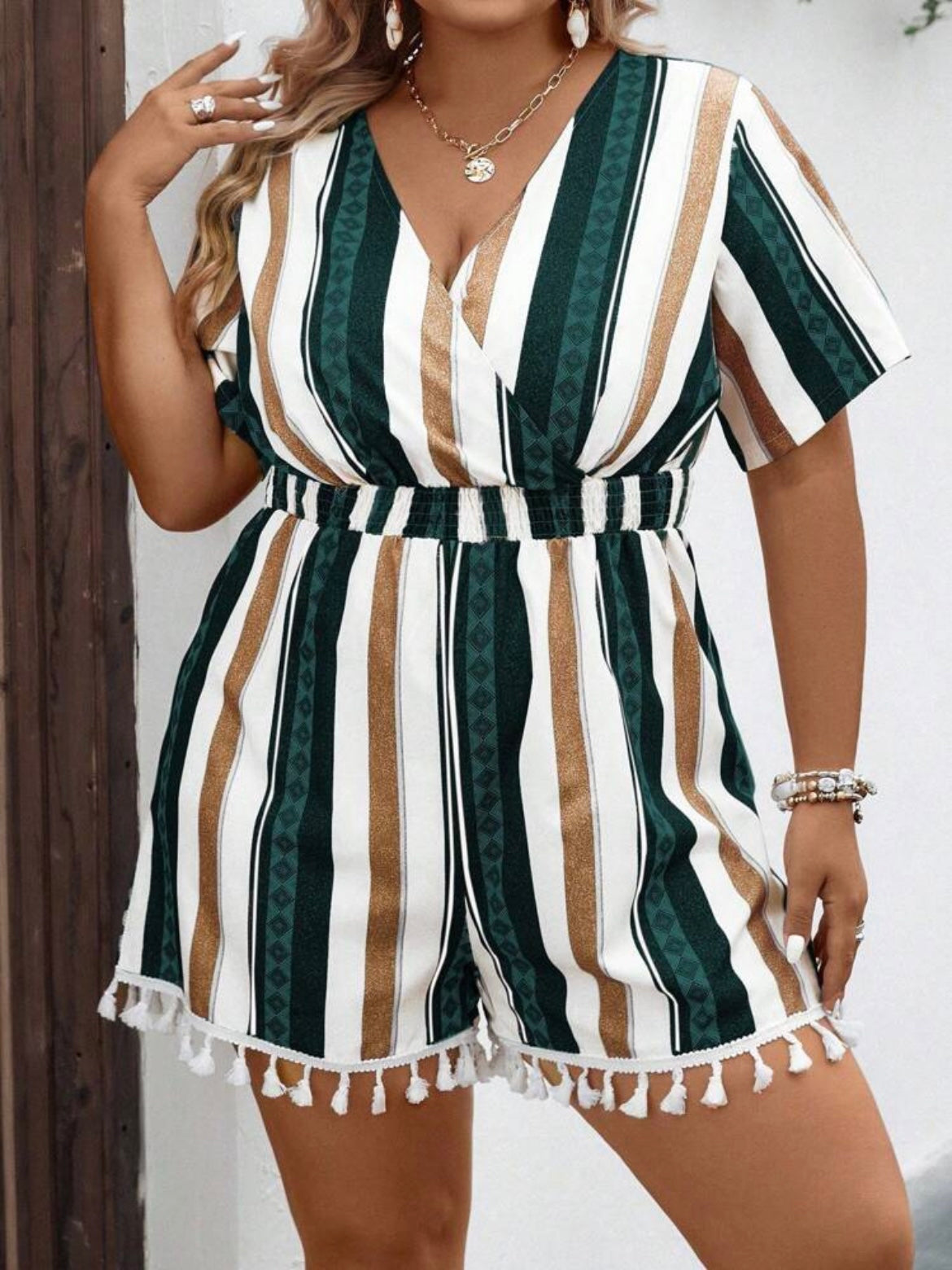 Striped Tassel Trim Romper