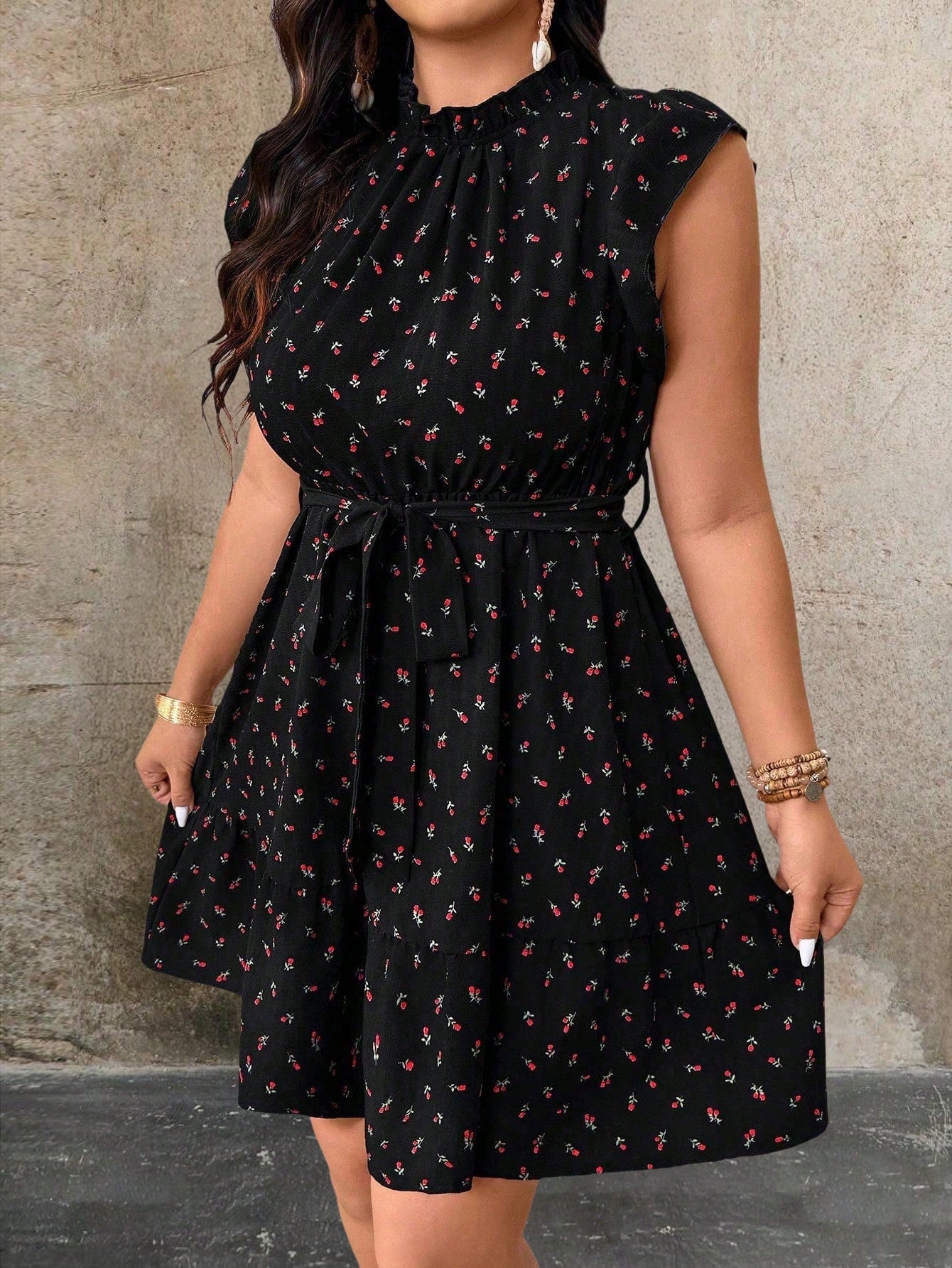 #8603 Ditsy Floral Ruffle Hem A-Line Casual Dress