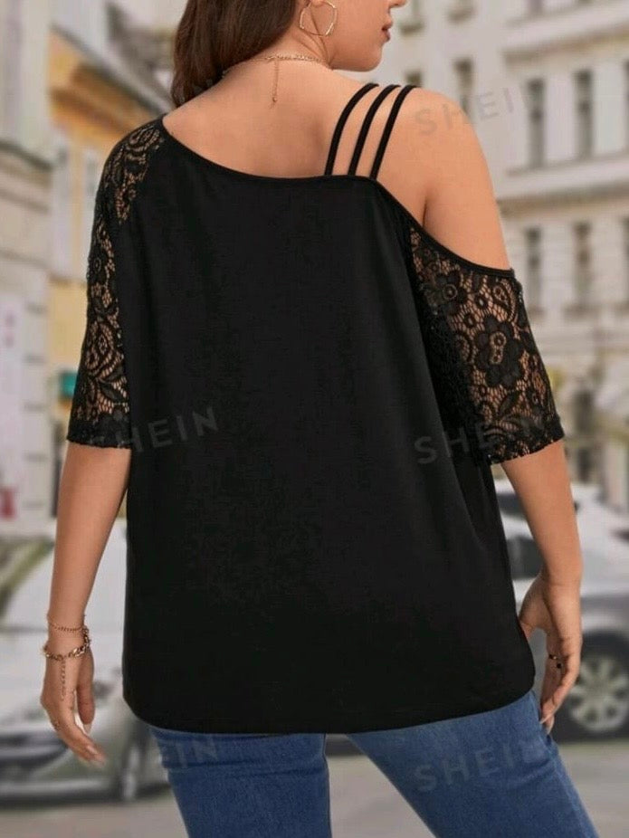 Contrast Lace Asymmetrical Neck Tee