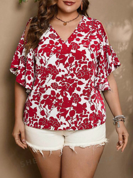 Floral Print Hollow Out Sleeve Shirt