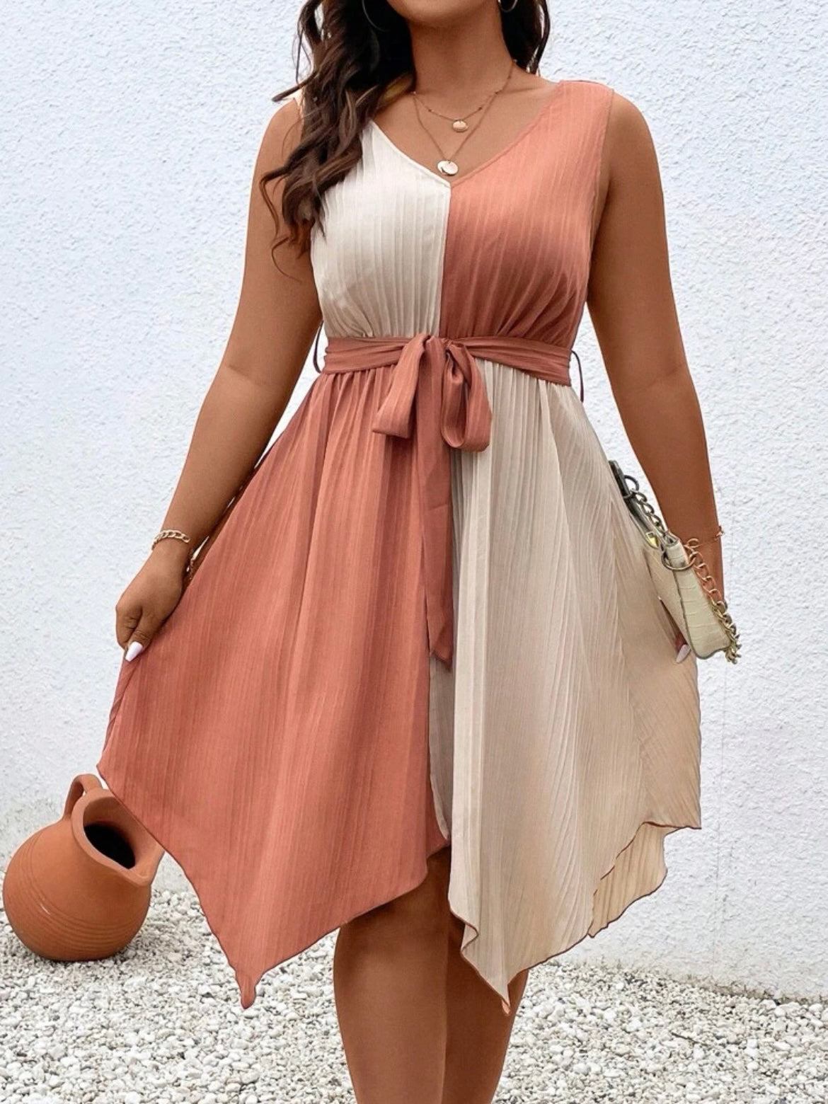 Two Tone Asymmetrical Hem Belted Dress