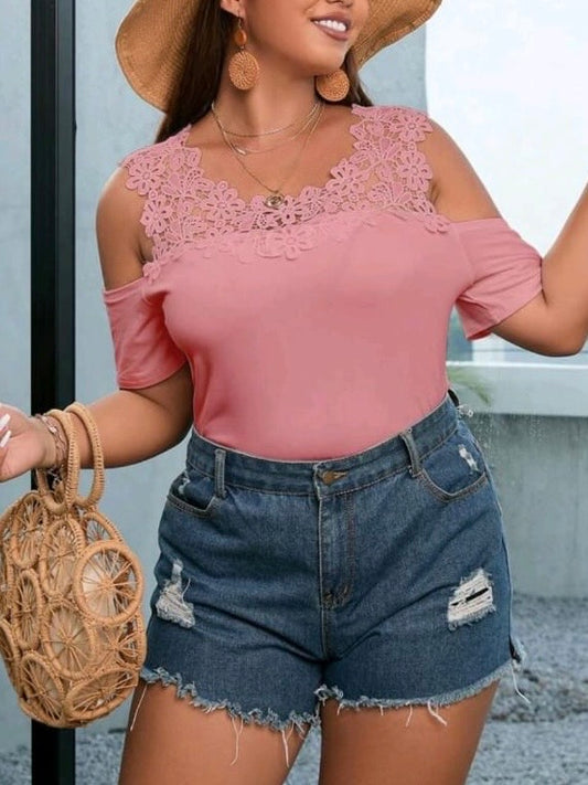 Lace Splicing Off-Shoulder Tee