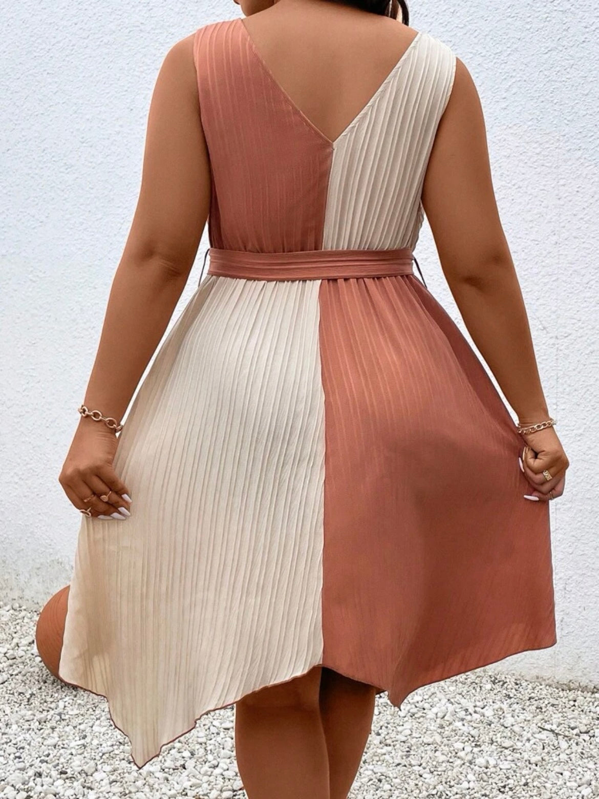Two Tone Asymmetrical Hem Belted Dress
