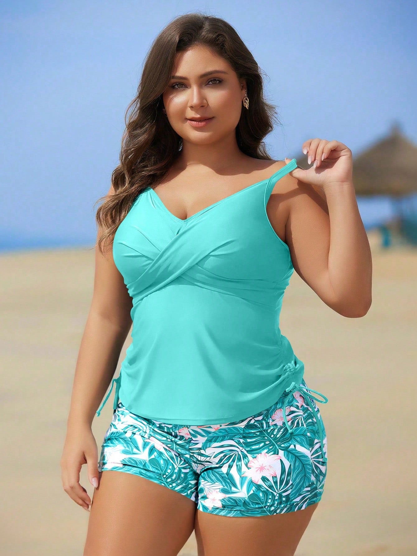 #9533 Floral Print Shorts With Adjustable Straps Top Tankini Set