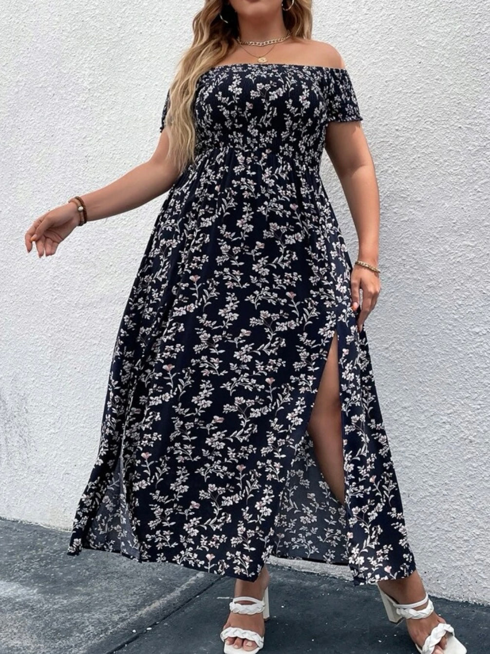 Off Shoulder Shirred Bodice Split Thigh Ditsy Floral Dress