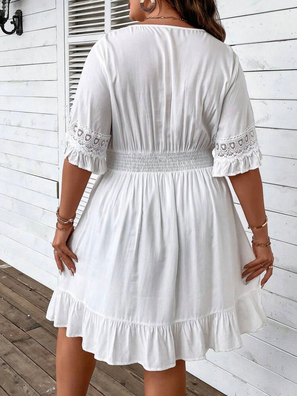 Guipure Lace Insert Flounce Sleeve Ruffle Hem Dress