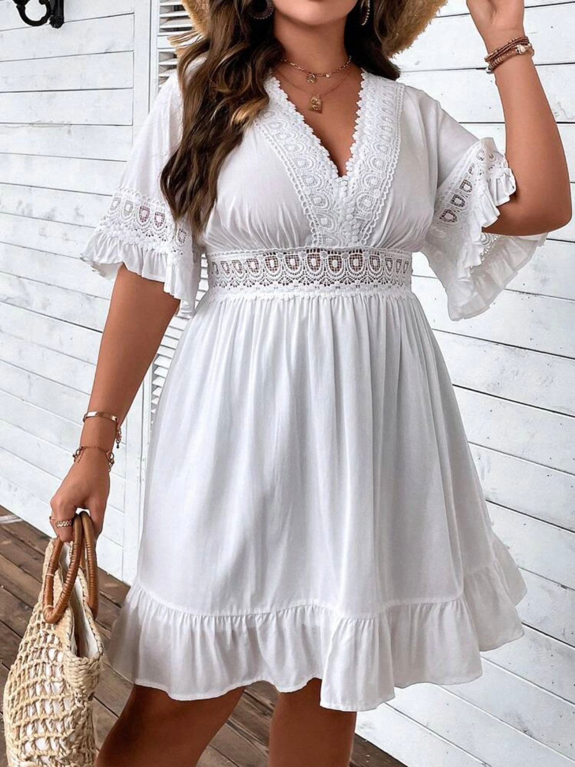 Guipure Lace Insert Flounce Sleeve Ruffle Hem Dress