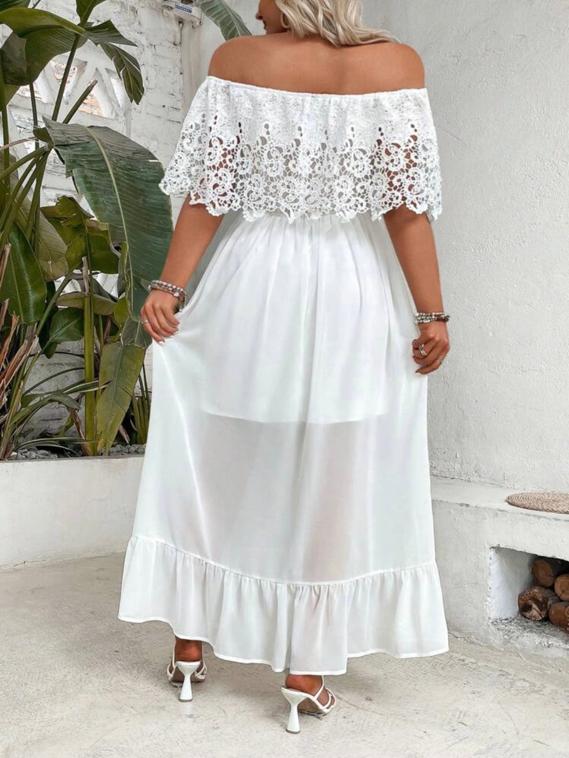 Contrast Lace Off Shoulder Ruffle Hem Dress