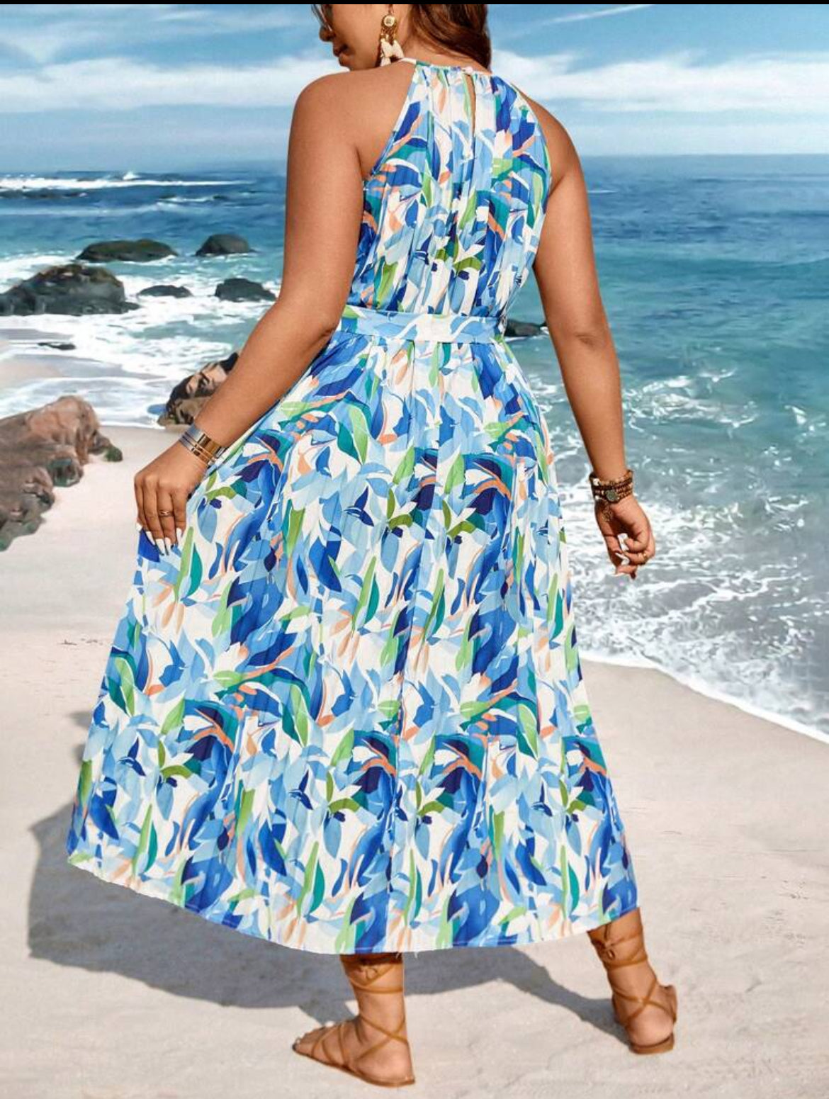 #8711 Pleated Vacation Halter Neck Dress With Plant Print