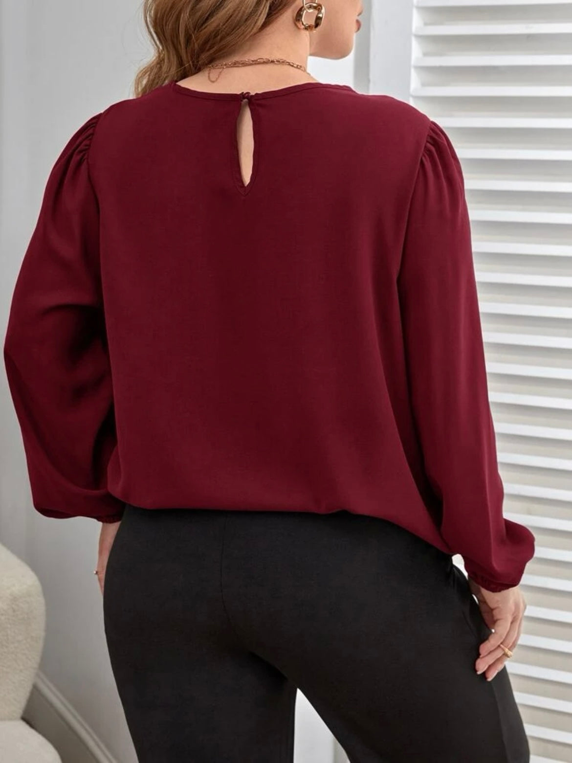 Lantern Sleeve Keyhole Back Blouse