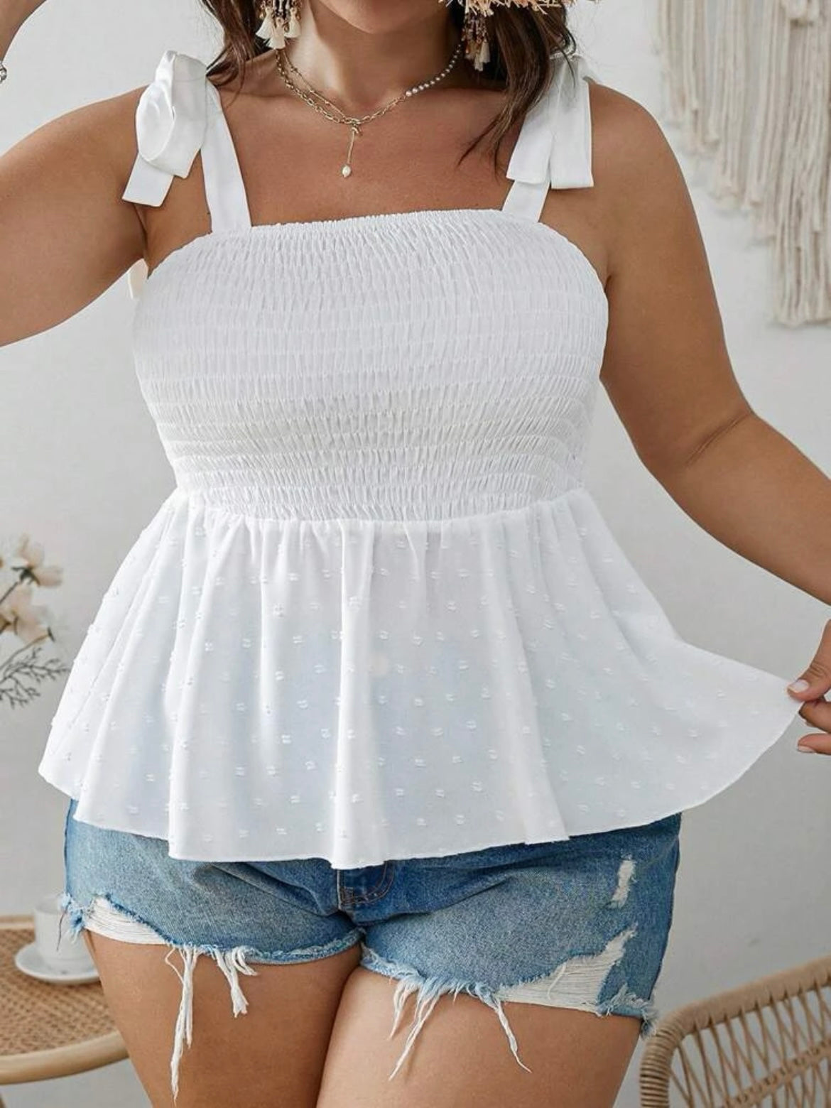 Swiss Dot Tie Shoulder Peplum Cami Top