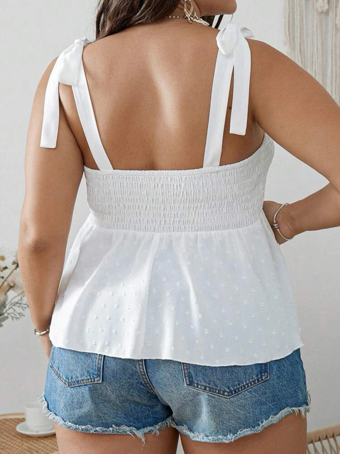 Swiss Dot Tie Shoulder Peplum Cami Top
