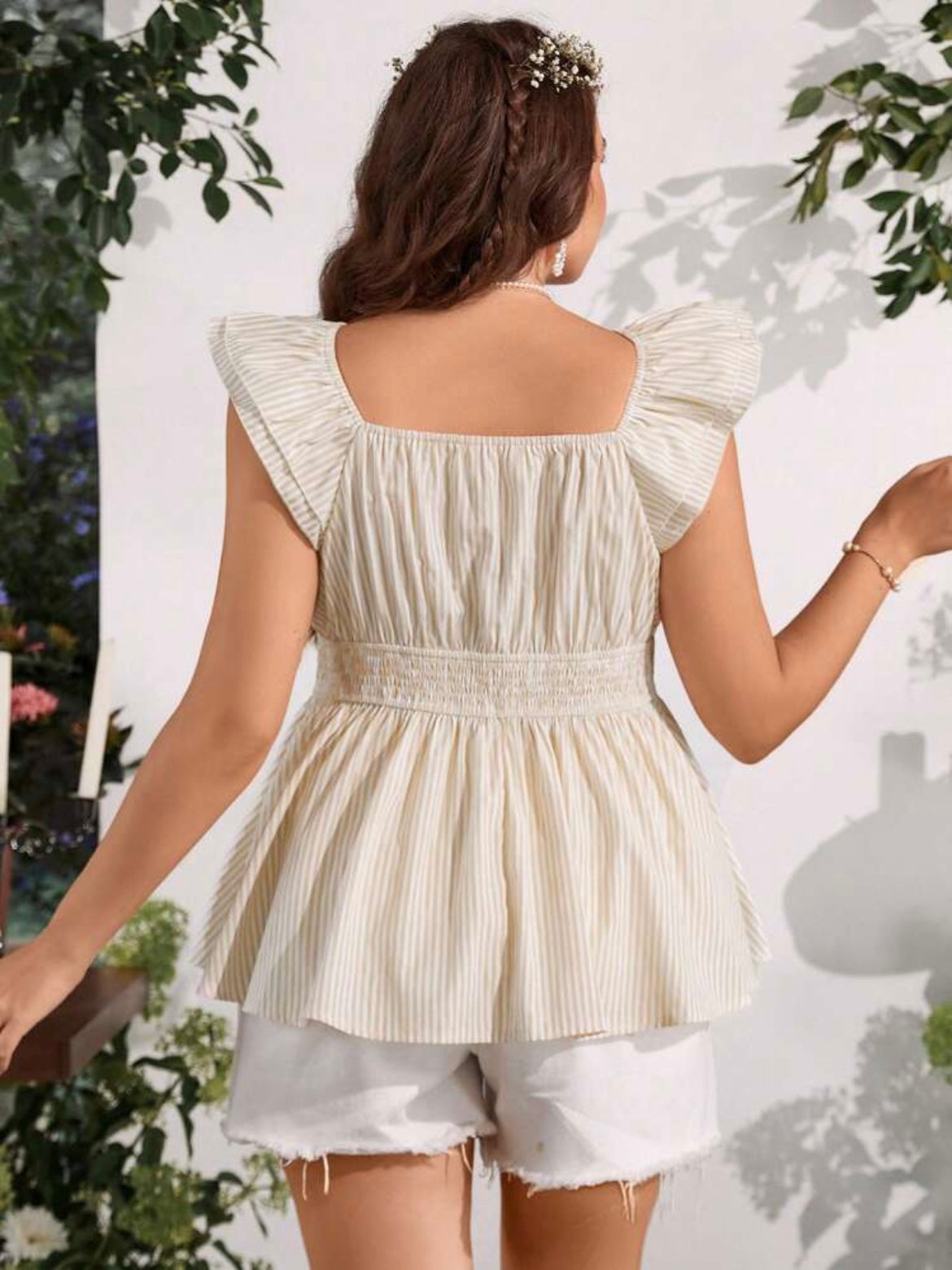 Striped Print Ruffle Trim Peplum Blouse