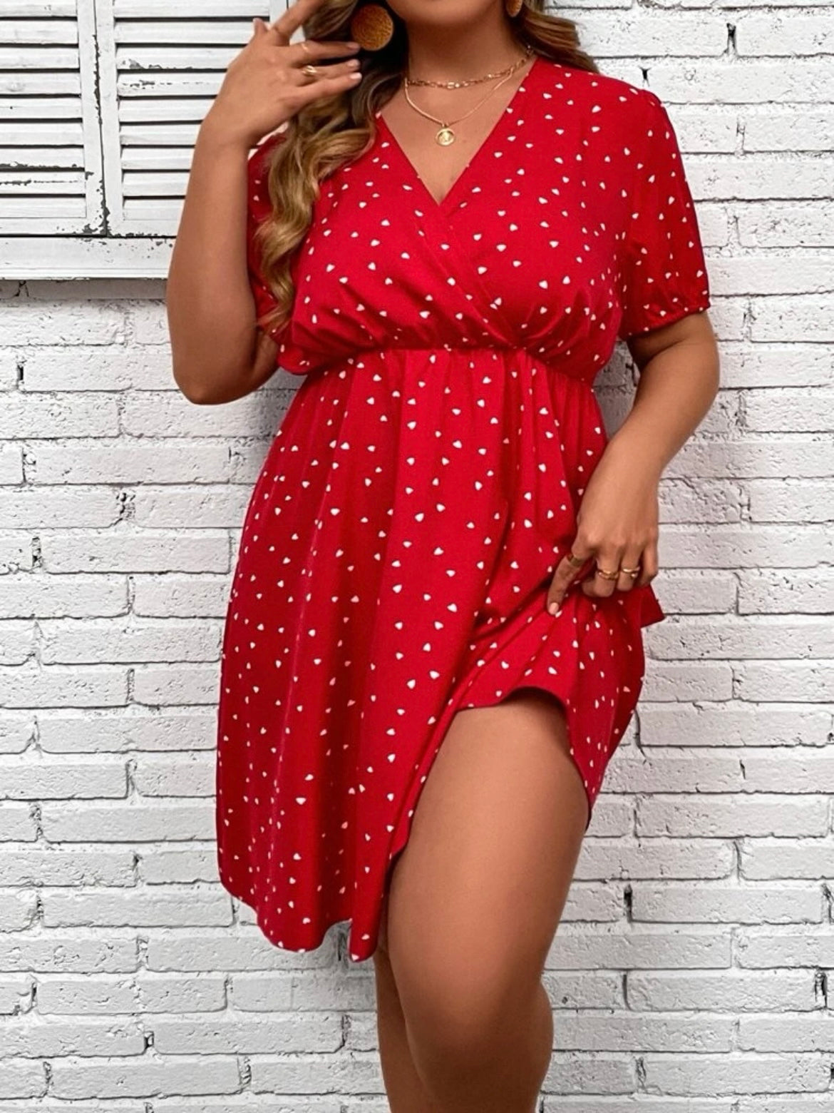 Heart Print Overlap Collar Dress