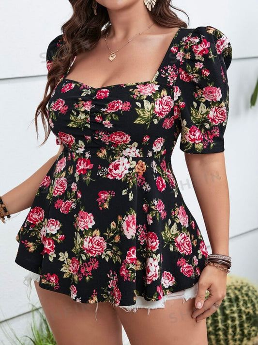 Floral Print Ruched Bust Ruffle Hem Blouse
