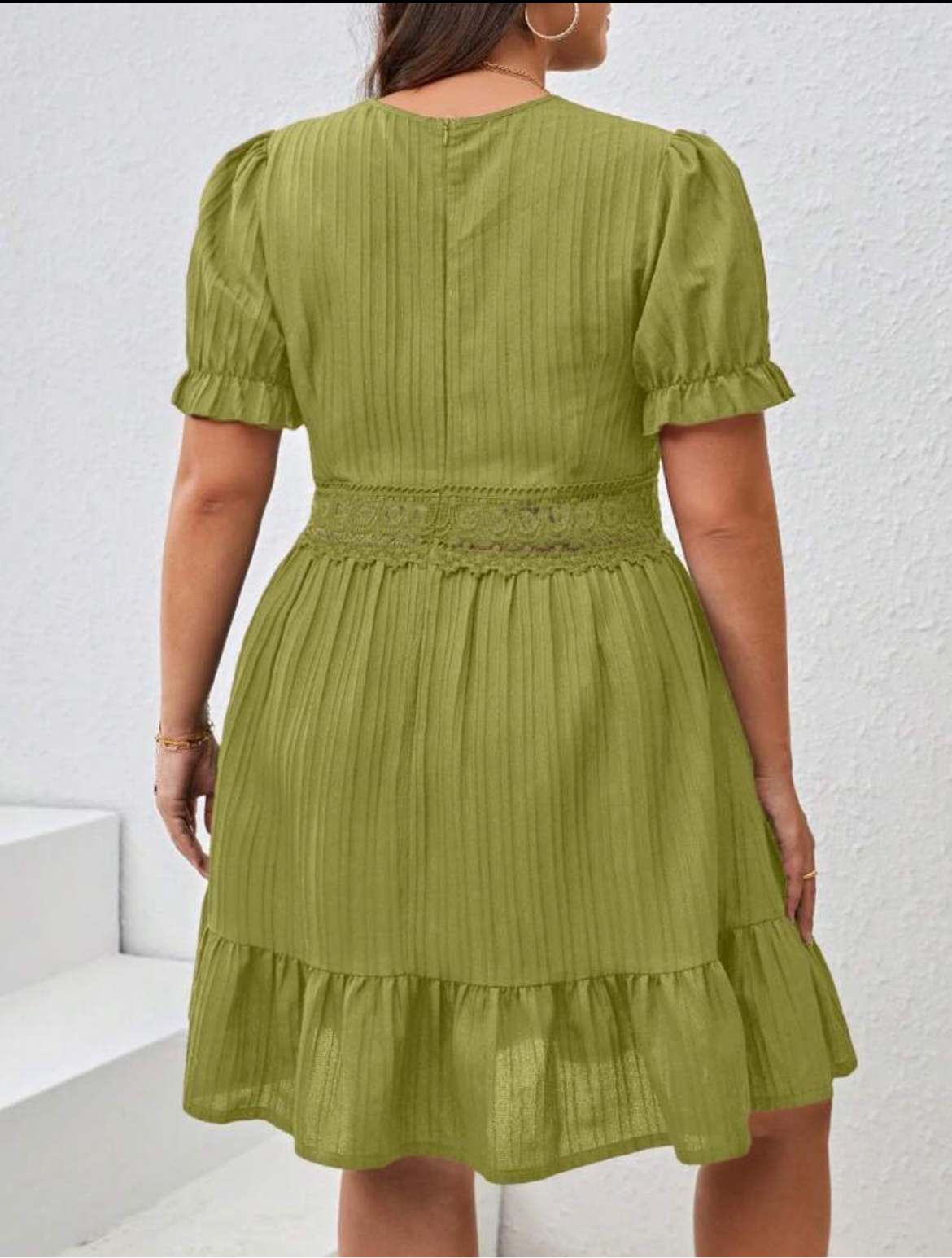 #8440 Lace Patchwork Puff Sleeve Dress