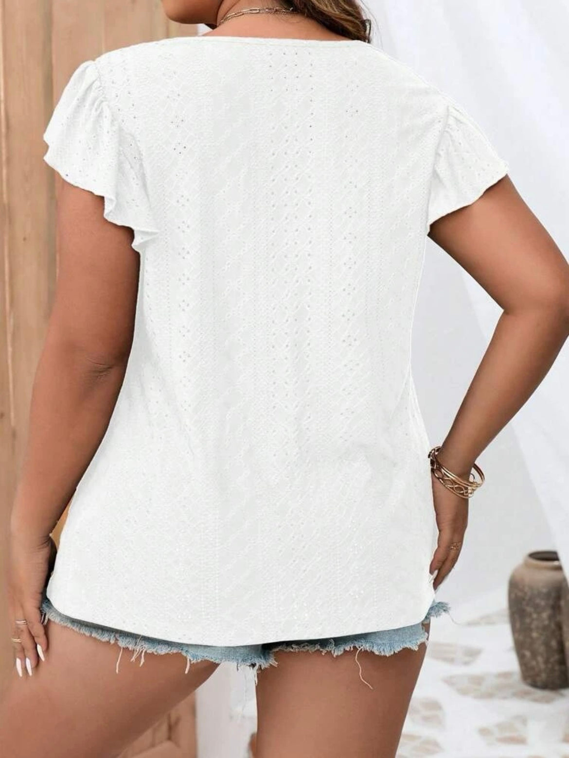 Eyelet Embroidery Butterfly Sleeve Peplum Tee