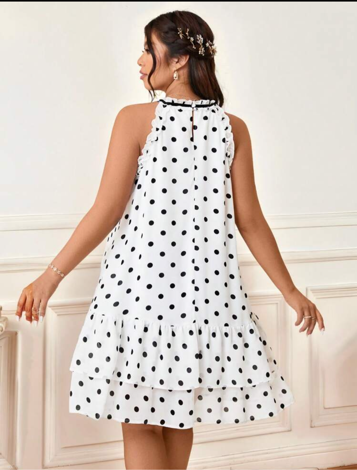 #9111 V-Neck Floral Lace Ribbon Bowknot Ruffle Polka Dot Loose A-Line Hem Sleeveless Dress