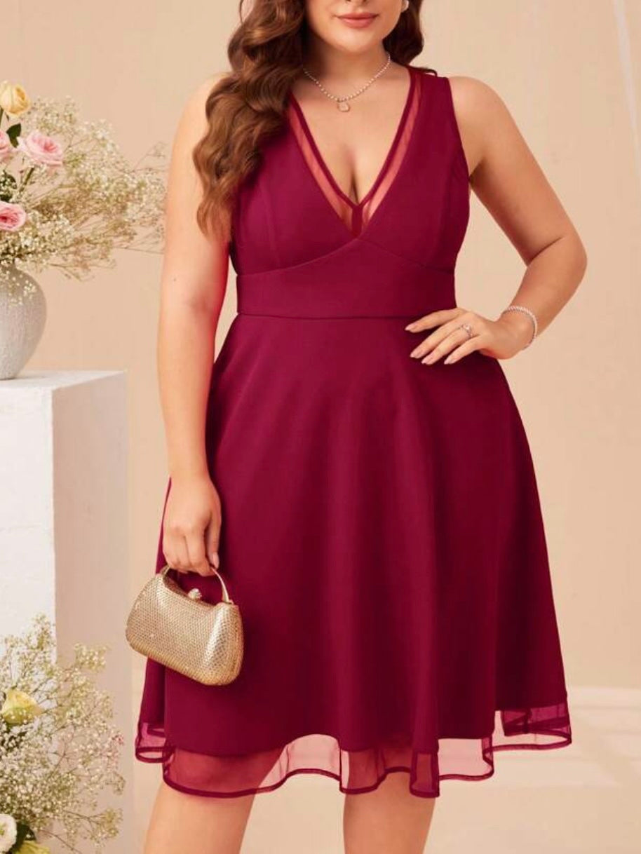 V Neck Mesh Overlay Dress