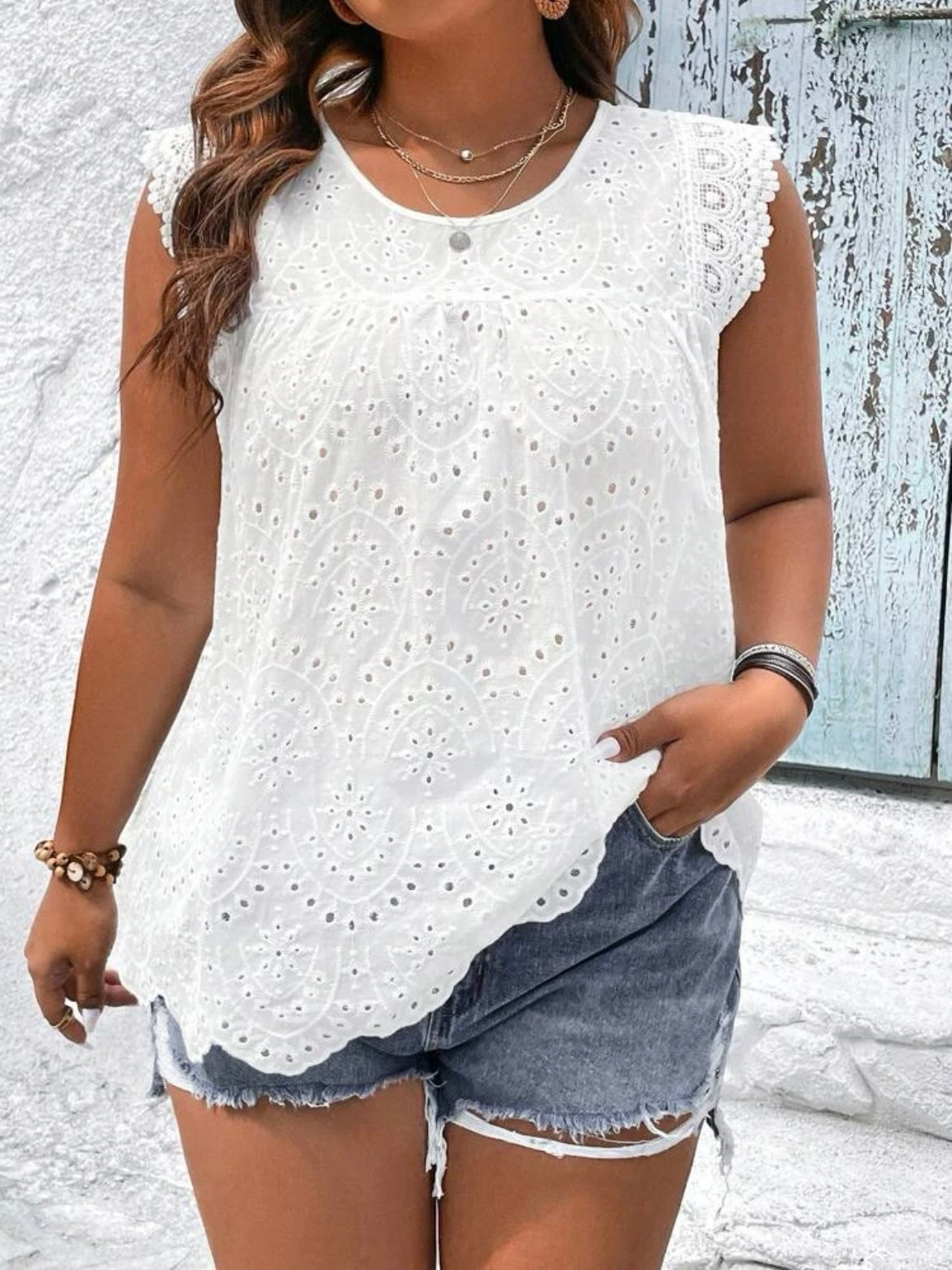 Eyelet Embroidery Lace Trim Blouse