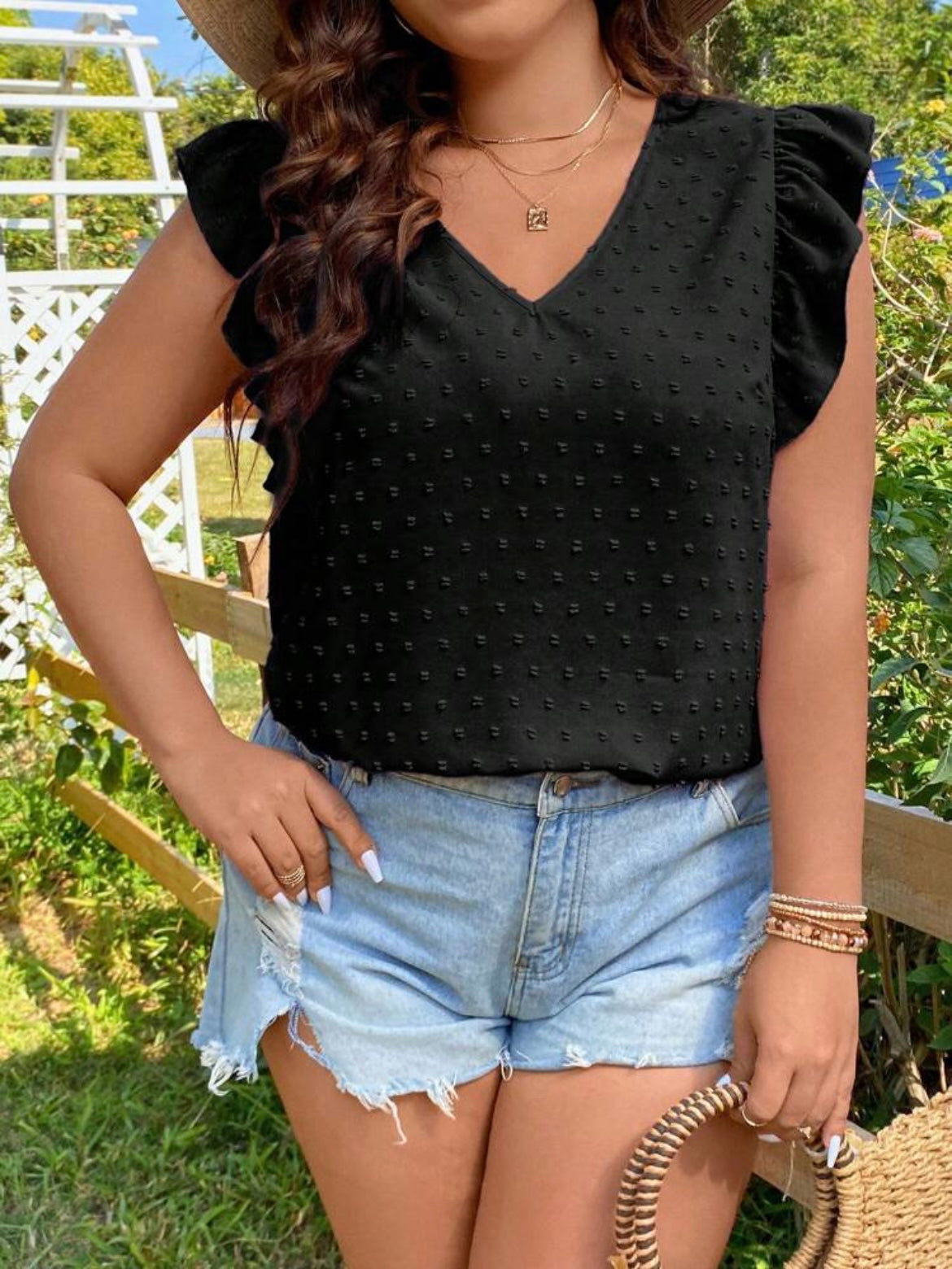 Swiss Dot Ruffle Trim Blouse