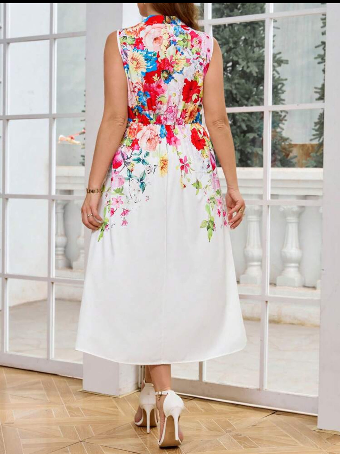 #0863 Elegant Women Floral Print Round Neck Sleeveless Dress