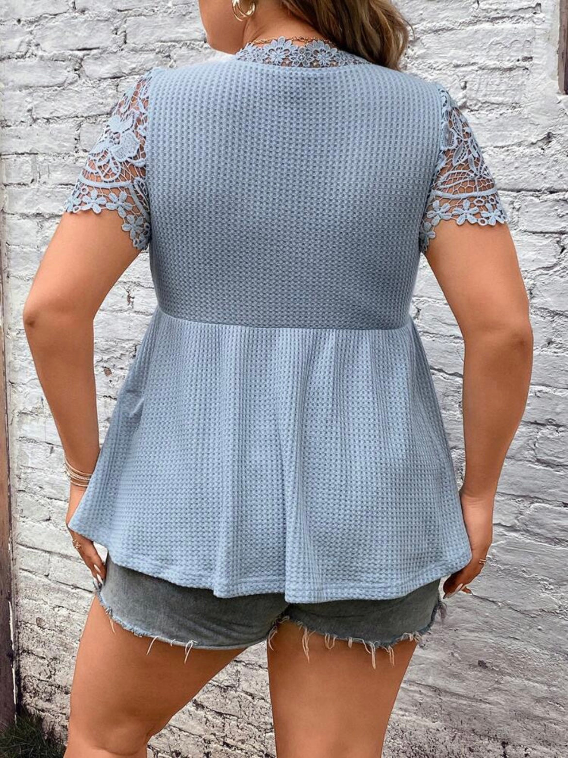 Lace Waffle Knit Guipure Lace Insert Peplum Tee