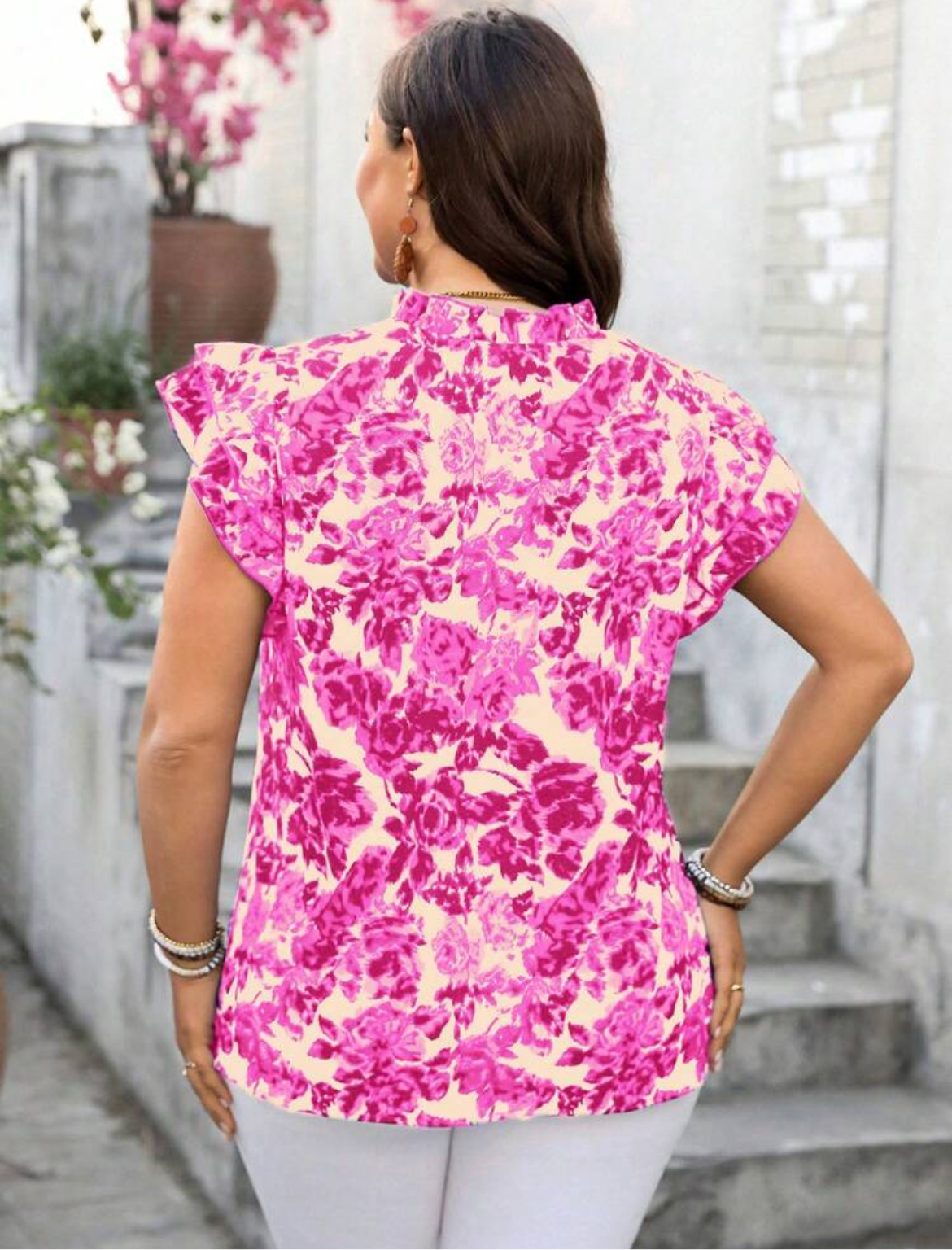#9666 Floral Print Ruffle Sleeve Shirt