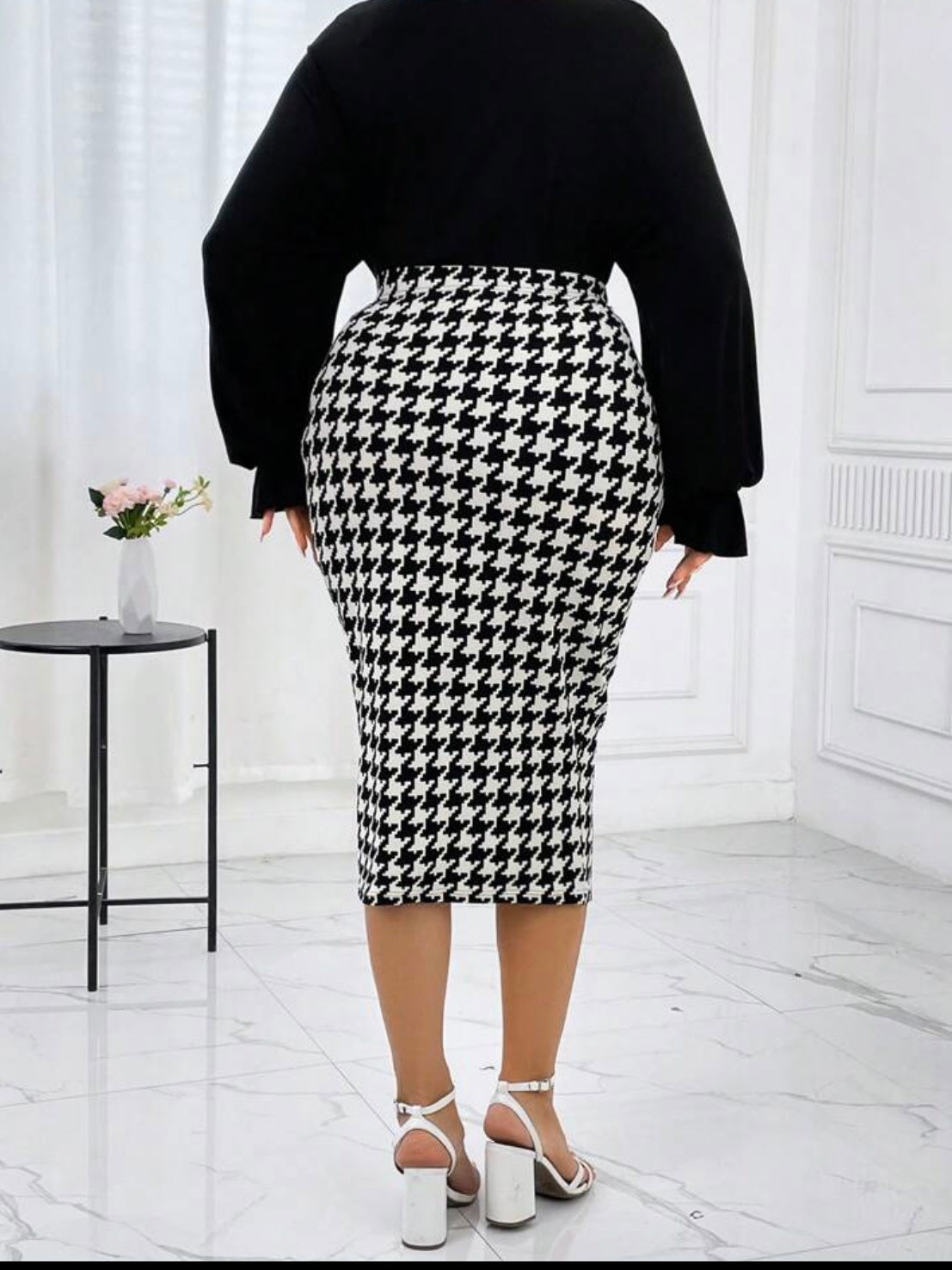 Draped Collar Flounce Sleeve Top & Houndstooth Print Skirt