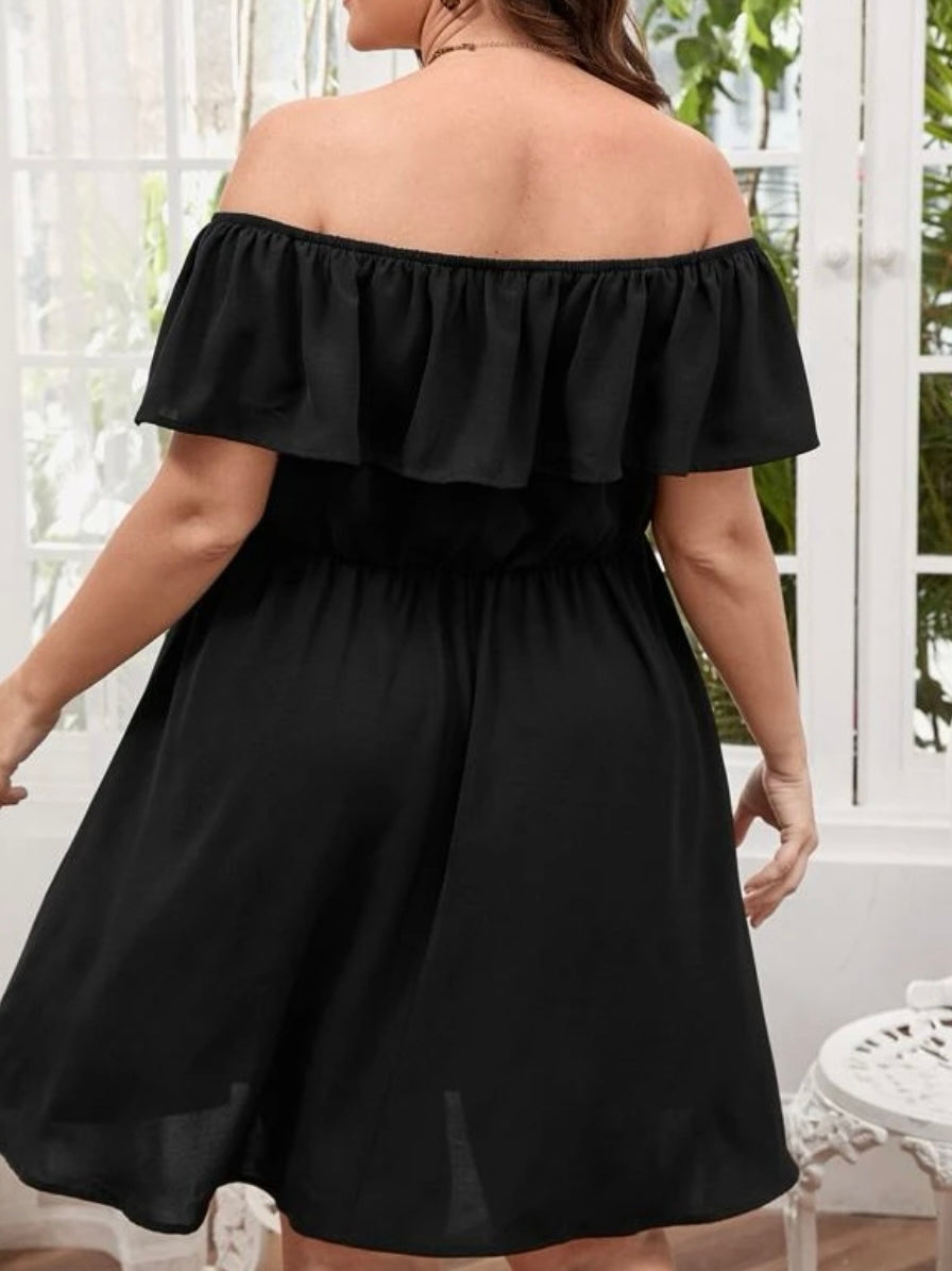 Off Shoulder Ruffle Trim Solid Dress