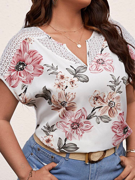 Floral Print Lace Panel Batwing Sleeve Blouse