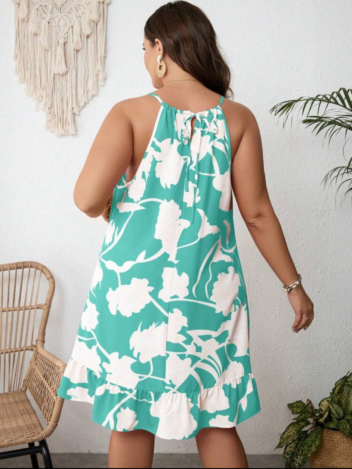 #3654 Floral Print Ruffle Hem Halter Dress