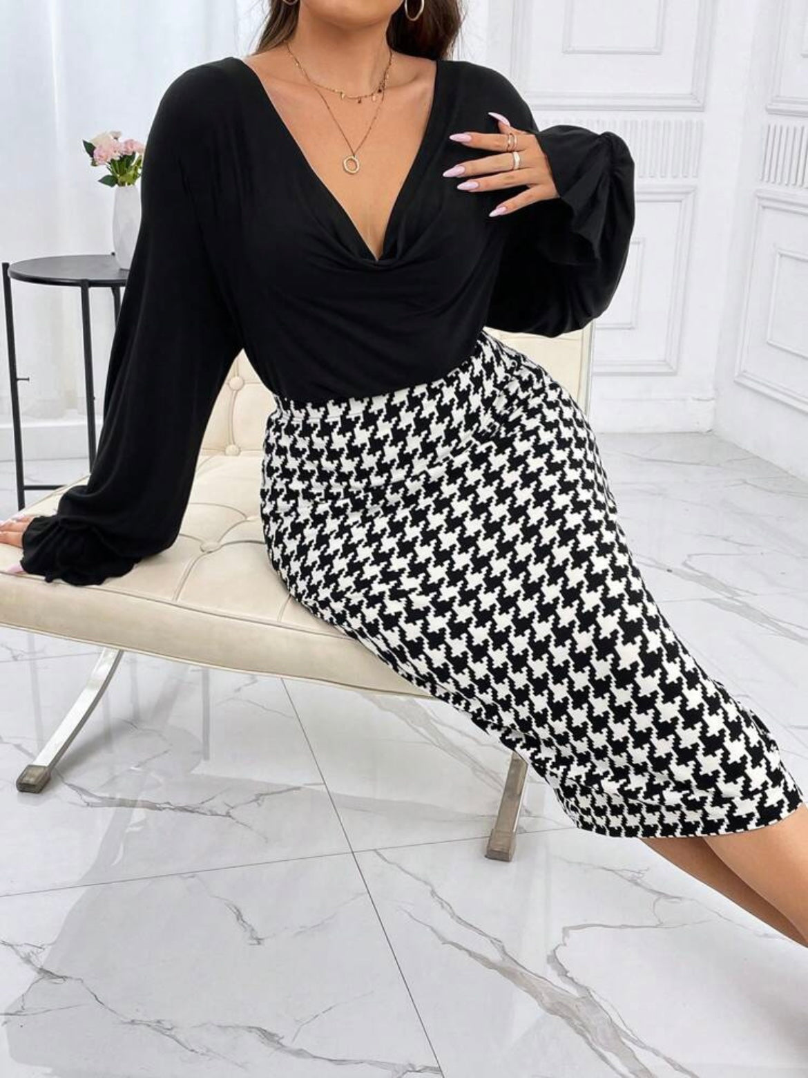 Draped Collar Flounce Sleeve Top & Houndstooth Print Skirt