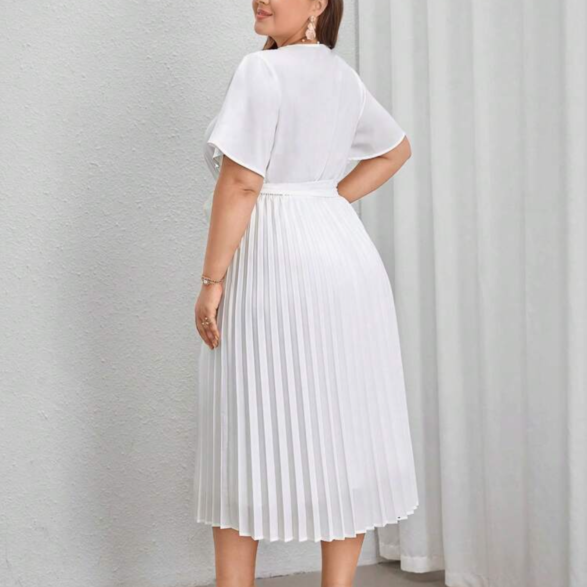 #6091 Elegant White Pleated Strap Dress