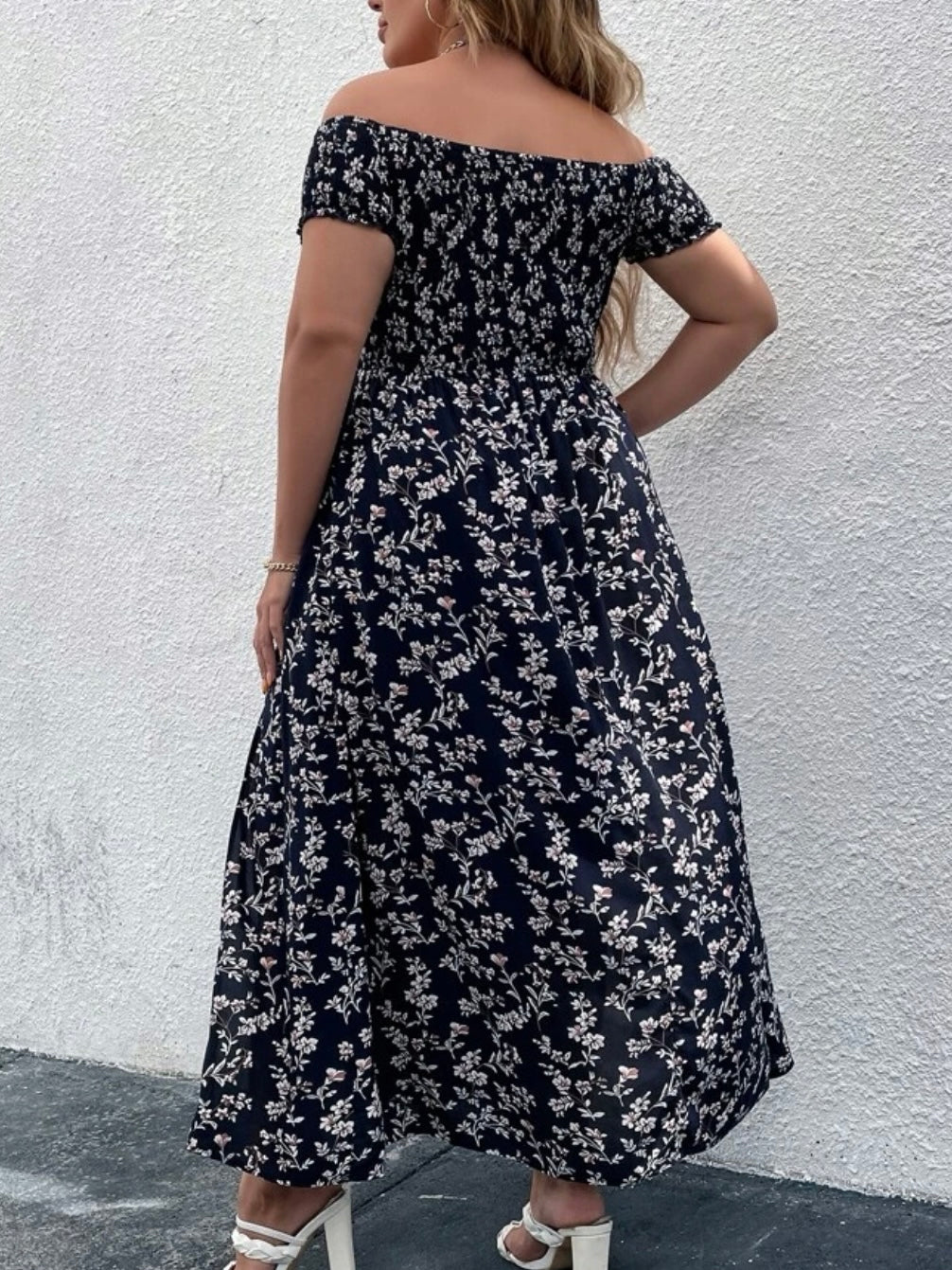 Off Shoulder Shirred Bodice Split Thigh Ditsy Floral Dress