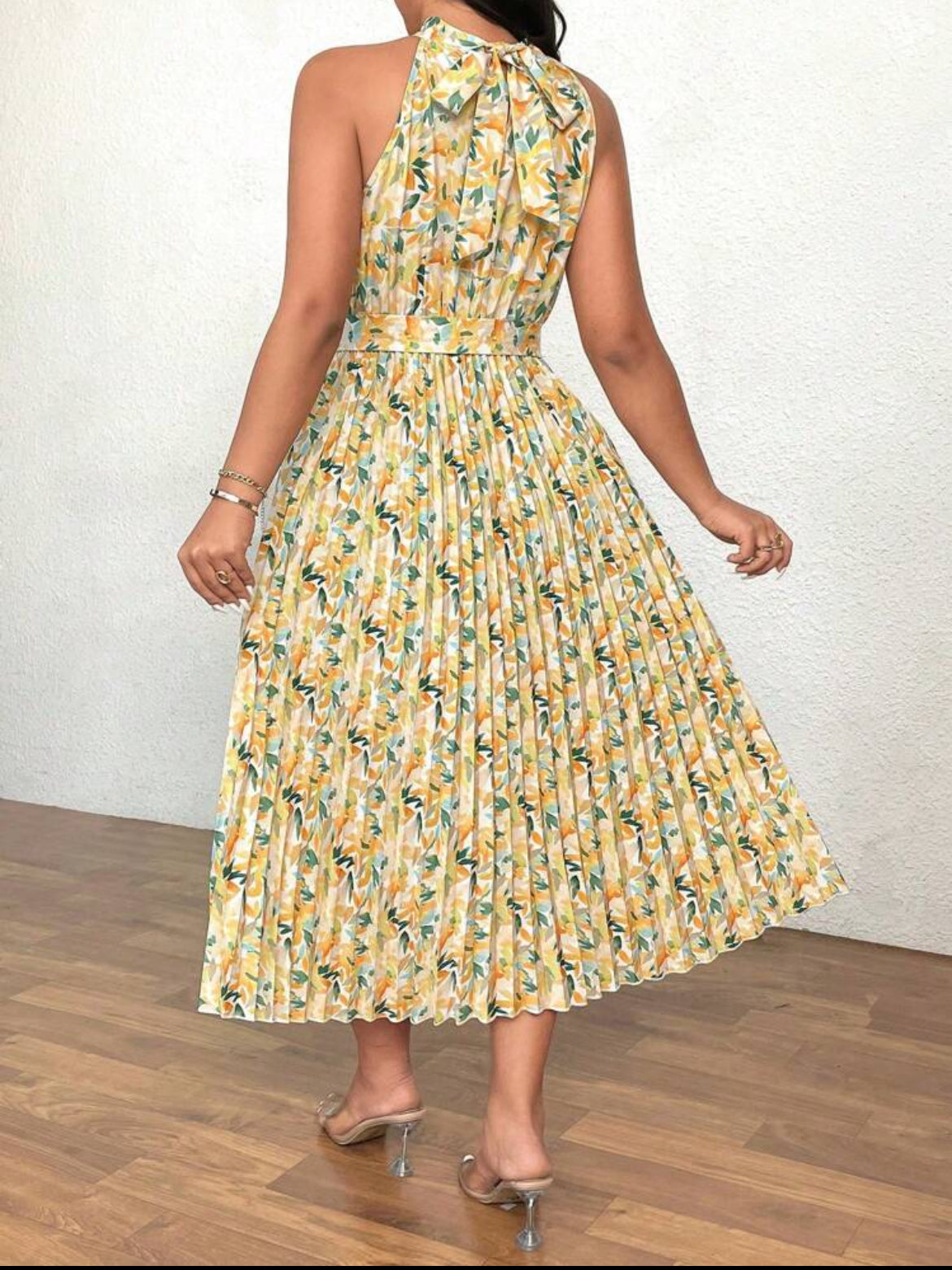 #8592 Floral Print Halter Neck A-Line Pleated Hem Vacation Dress