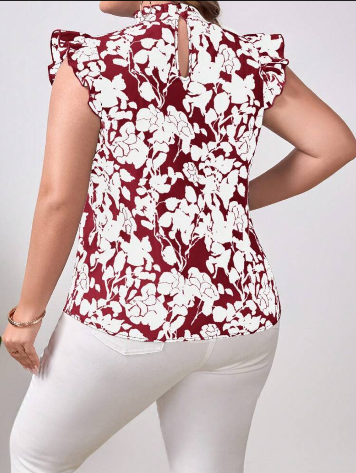 #5065 Floral Print Cap Sleeve Mock Neck Shirt