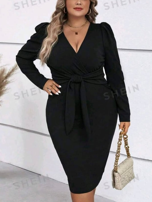 Puff Sleeve Knot Front Bodycon Dress
