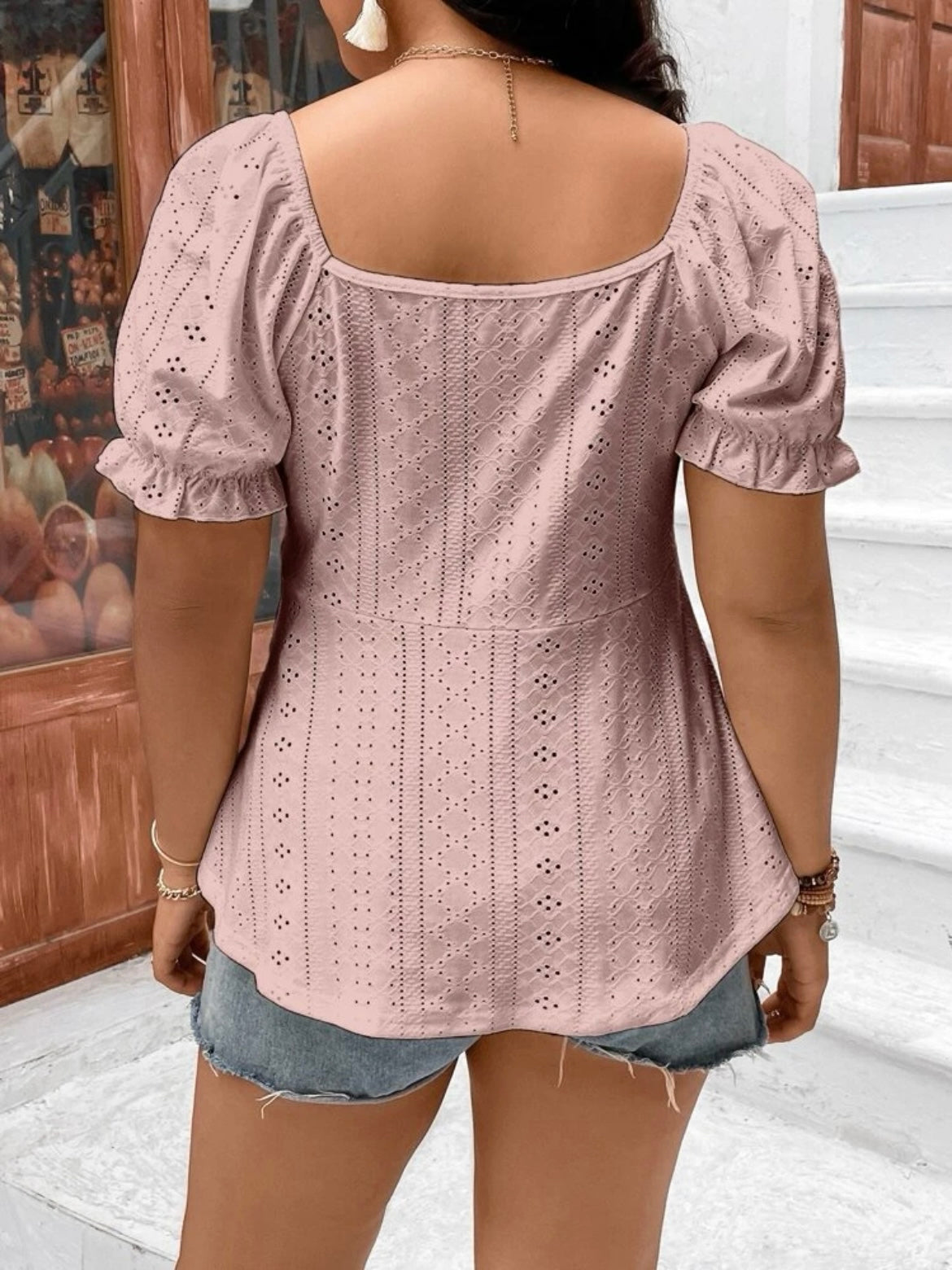 Eyelet Embroidery Drawstring Front Puff Sleeve Tee