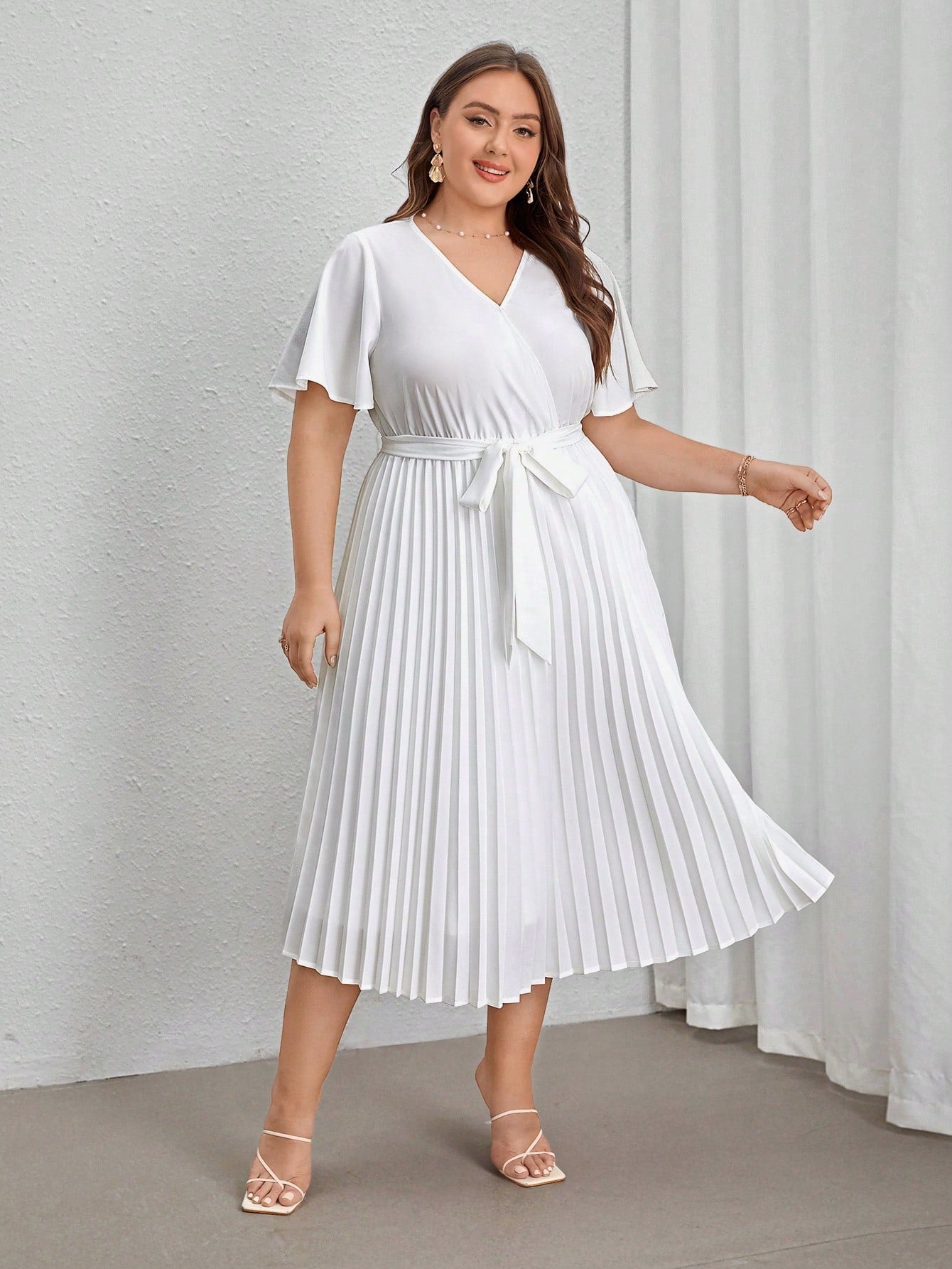 #6091 Elegant White Pleated Strap Dress