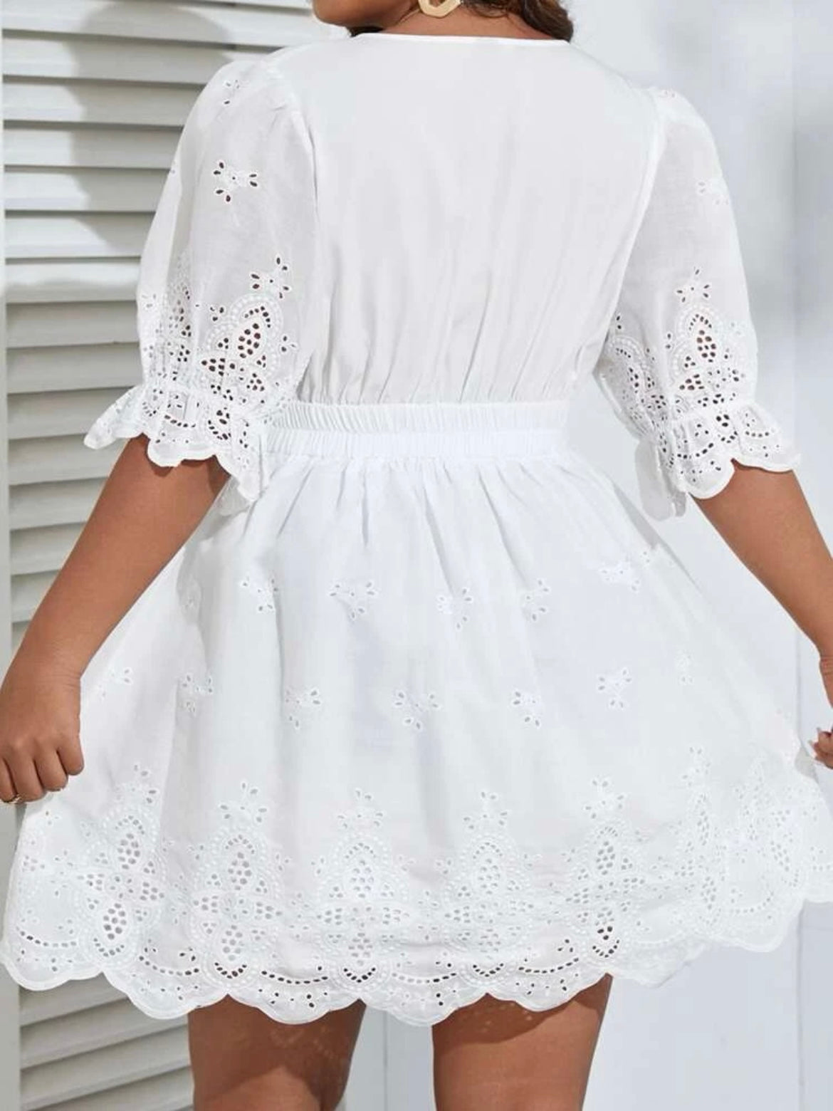 Eyelet Embroidery Scallop Trim Plunging Neck Dress