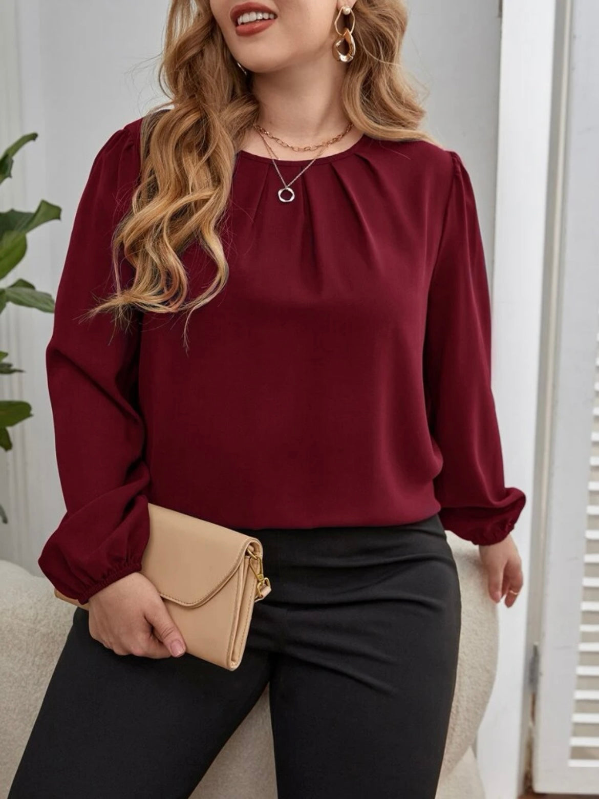 Lantern Sleeve Keyhole Back Blouse