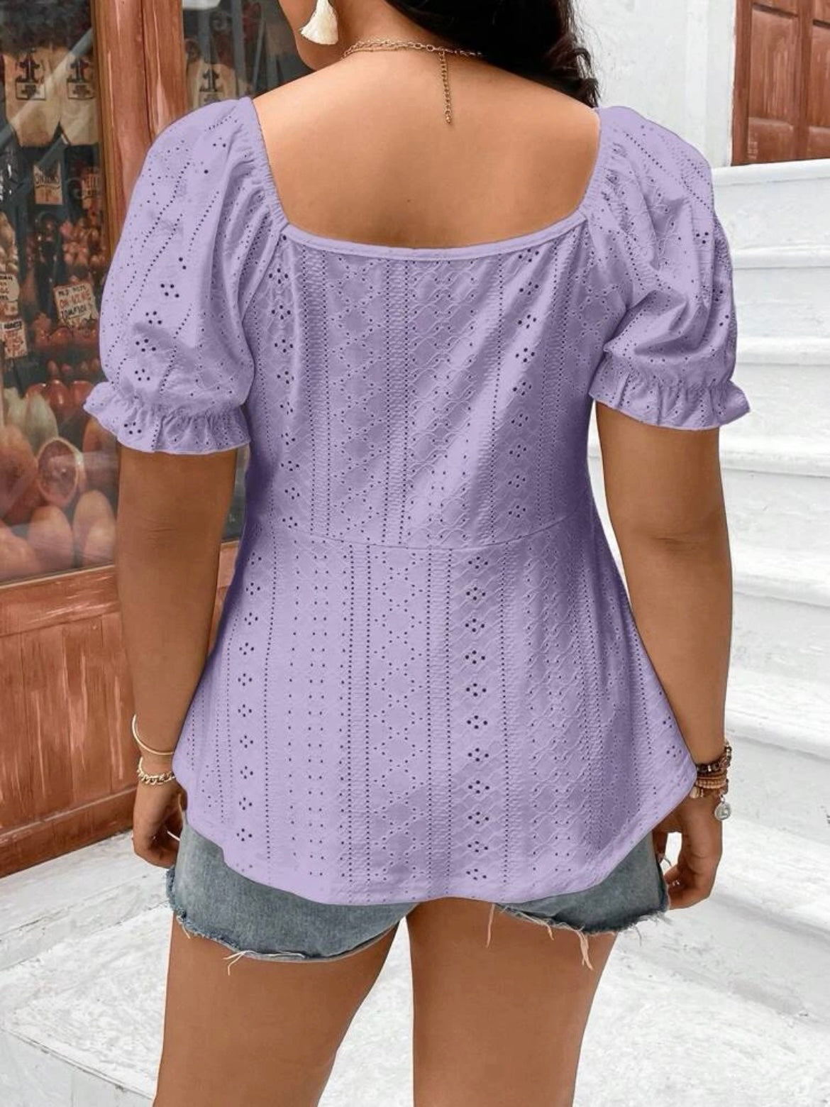 Eyelet Embroidery Drawstring Front Tee