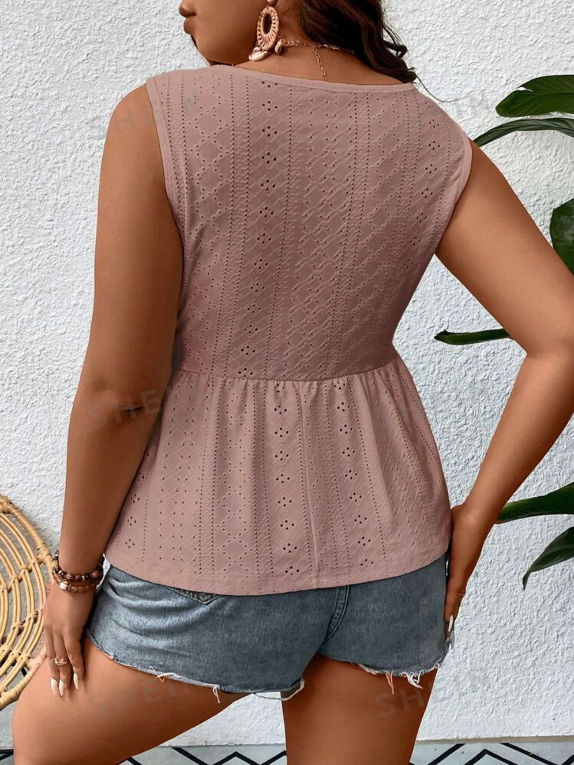 Eyelet Embroidery Button Front Peplum Tank Top
