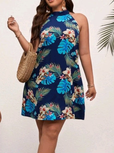 Tropical Print Tie Back Halter Dress