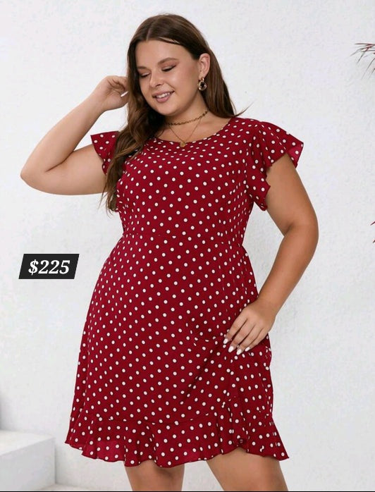 #5773 Polka Dot Print Round Neck Ruffle Sleeve Short Shift Dress
