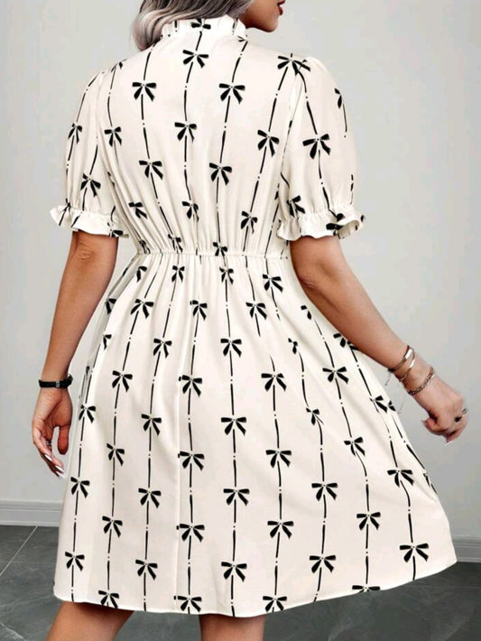 C#8417 Print V-Neck Waist Cinching Short Sleeve Dress